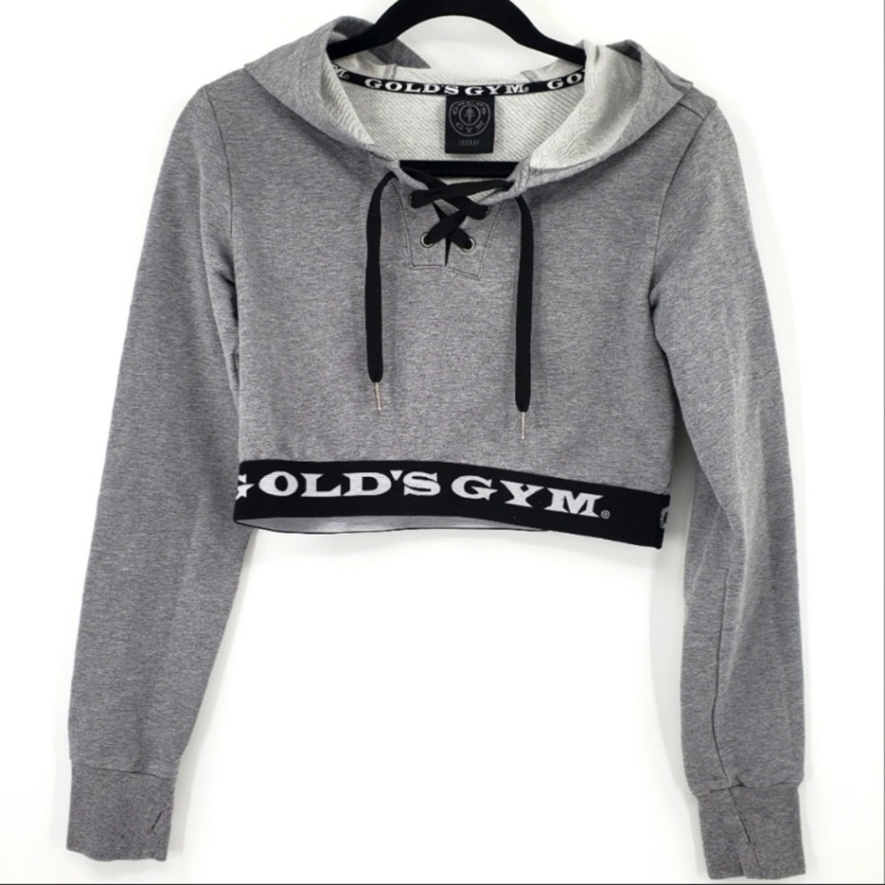 GOLD'S GYM Grey French Terry Lace Up Cropped Hoodie Medium